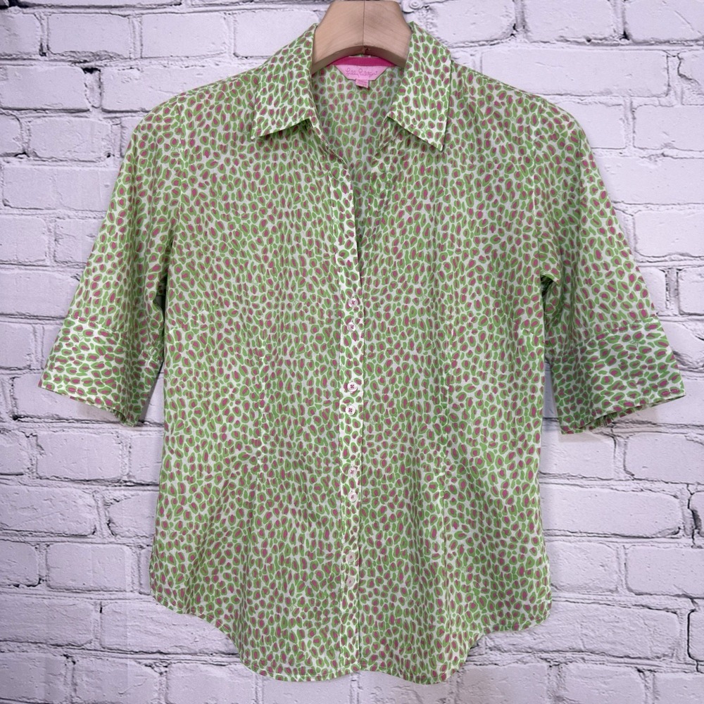Vintage Lilly Pulitzer Button Up Blouse Top Shirt Size 6 Pink Green Animal Print